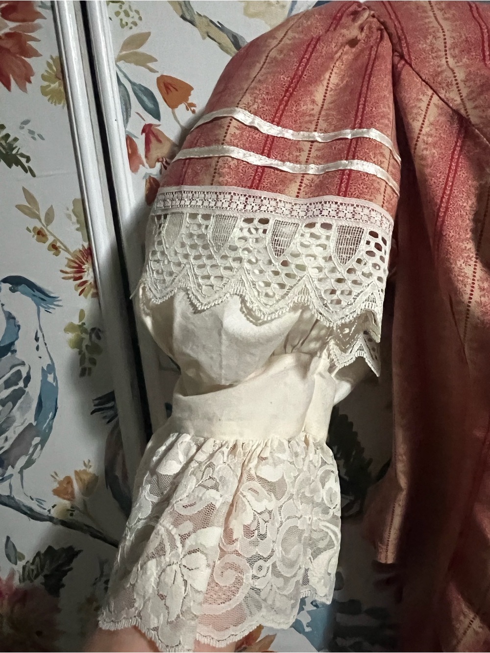 Recollections: Victorian-Inspired Striped Rust Dress with Lace Sleeves - Picture 4 of 8